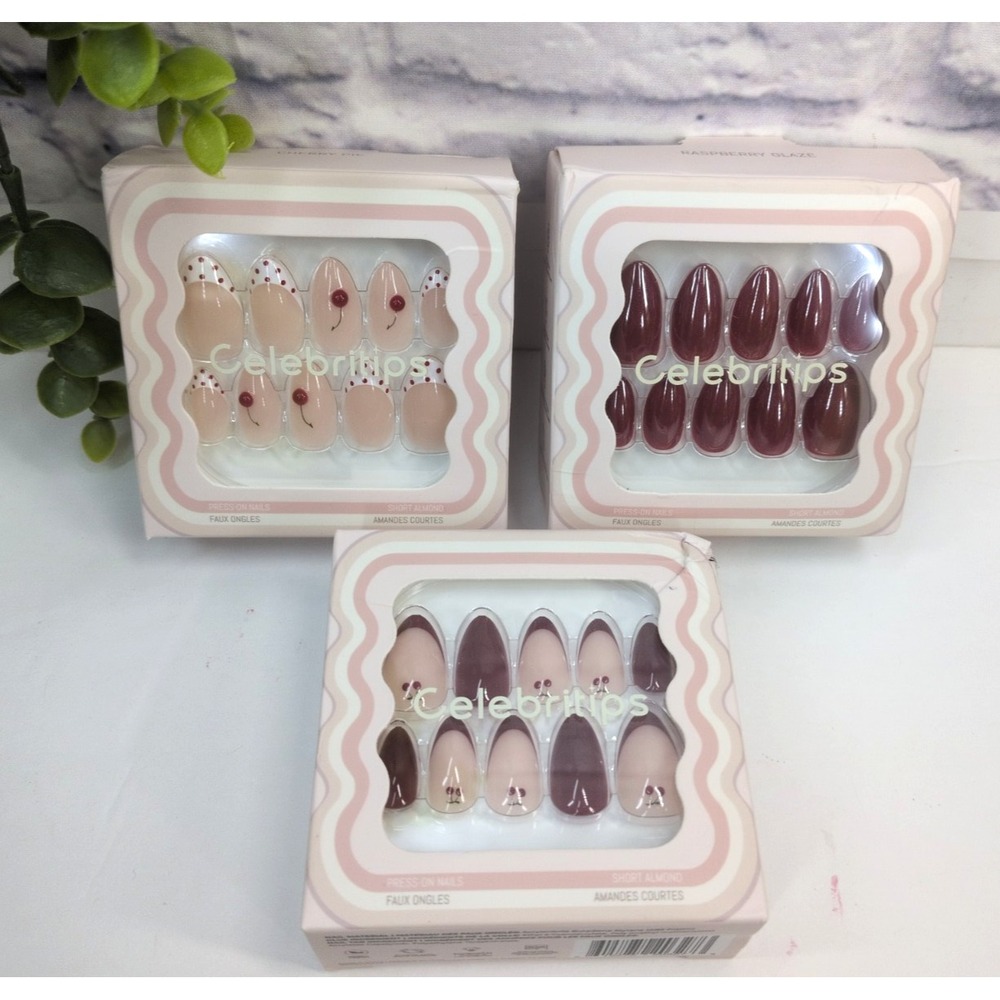 NIB LOT 3 SHORT ALMOND🥰Celebritips Press On Nails Set Burgundy Raspberry Cherry